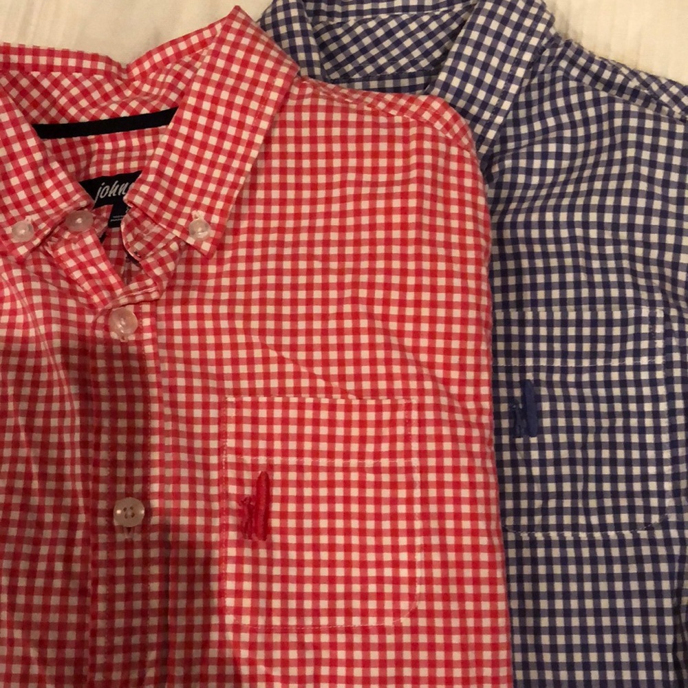 2 boys Johnnie O button downs gingham red and purple size 7 pima cotton